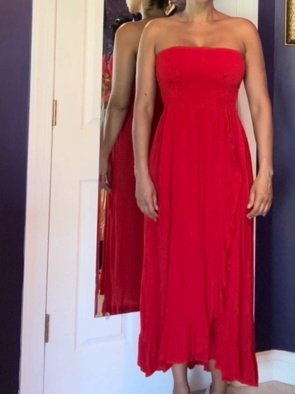 patrons of peace red strapless tube dress ruffle hem large